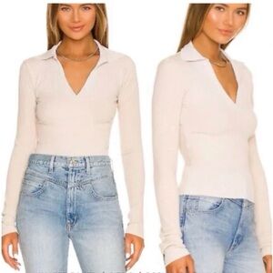 Cream Ribbed Knit Collared Sweater